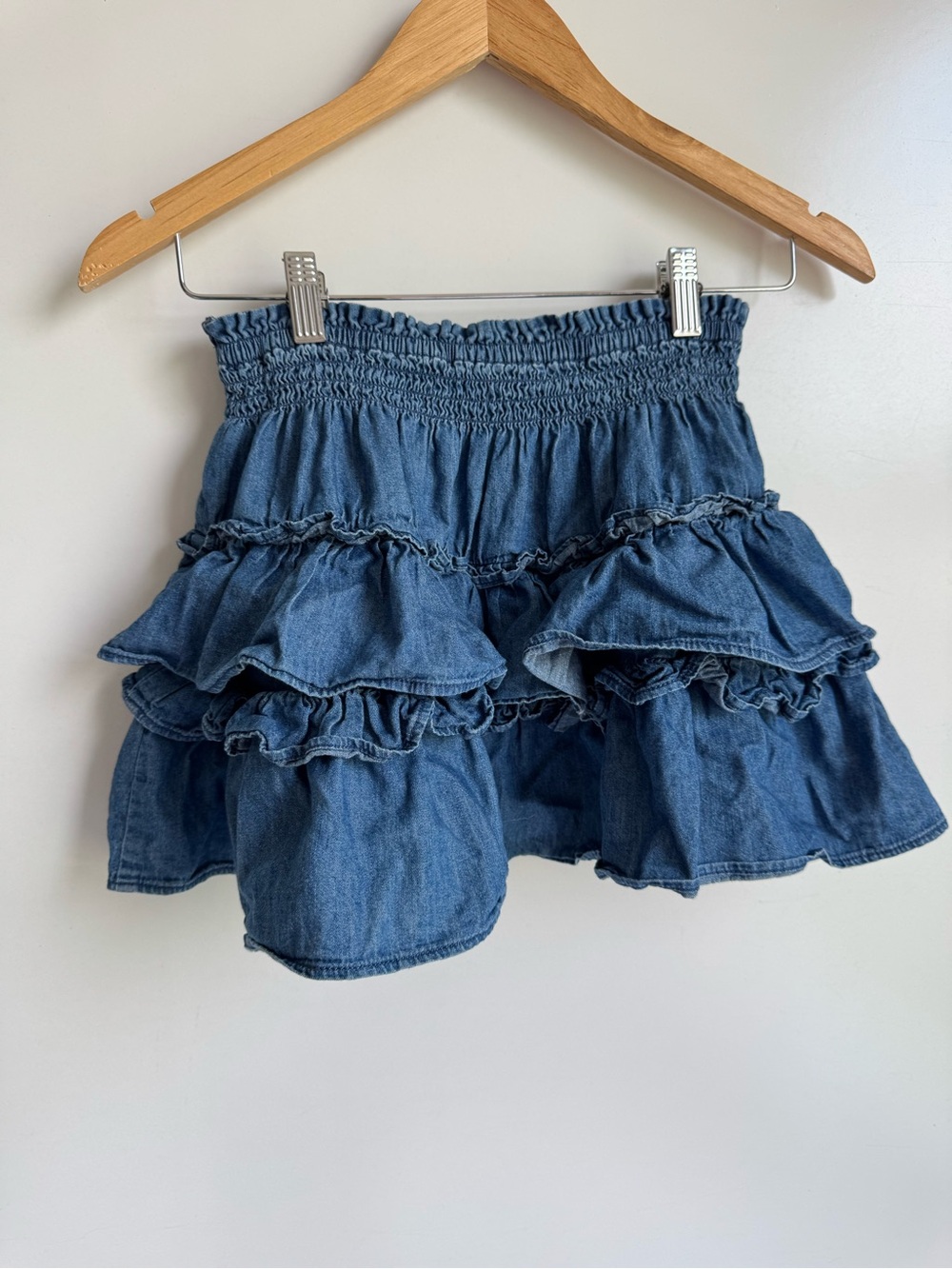 Gap x LoveShackFancy Kids Denim Flippy Skirt XL 14 Tiered Ruffle 100% cotton